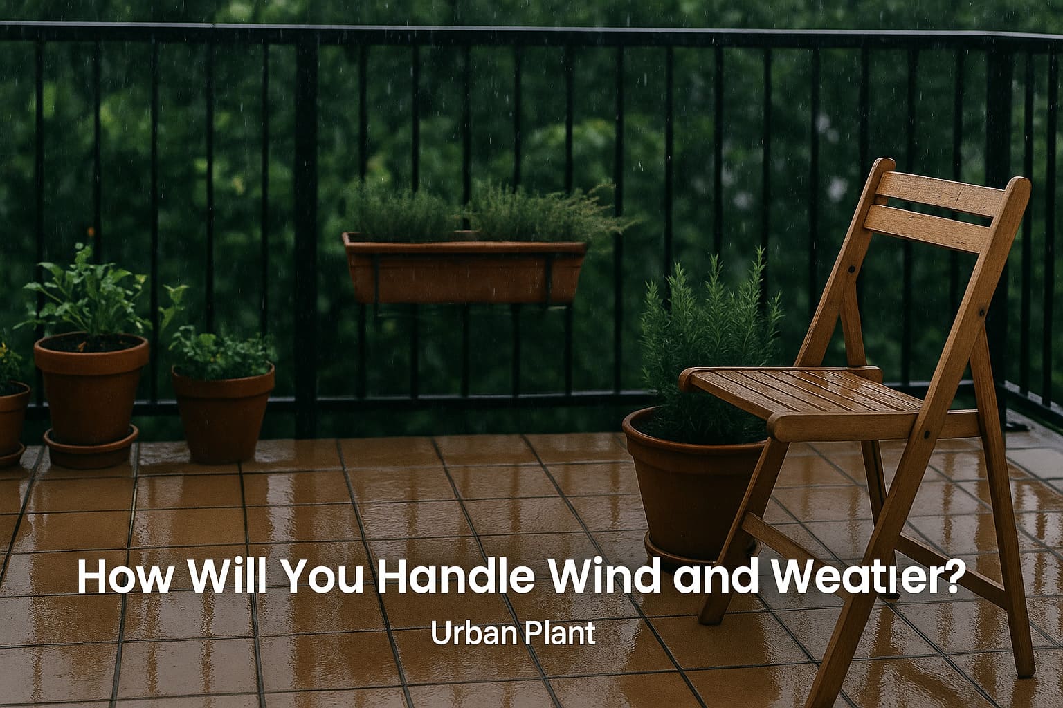 Urban Plant balcony garden showing potted herbs in rainy weather — how will you handle wind and weather for balcony gardening success